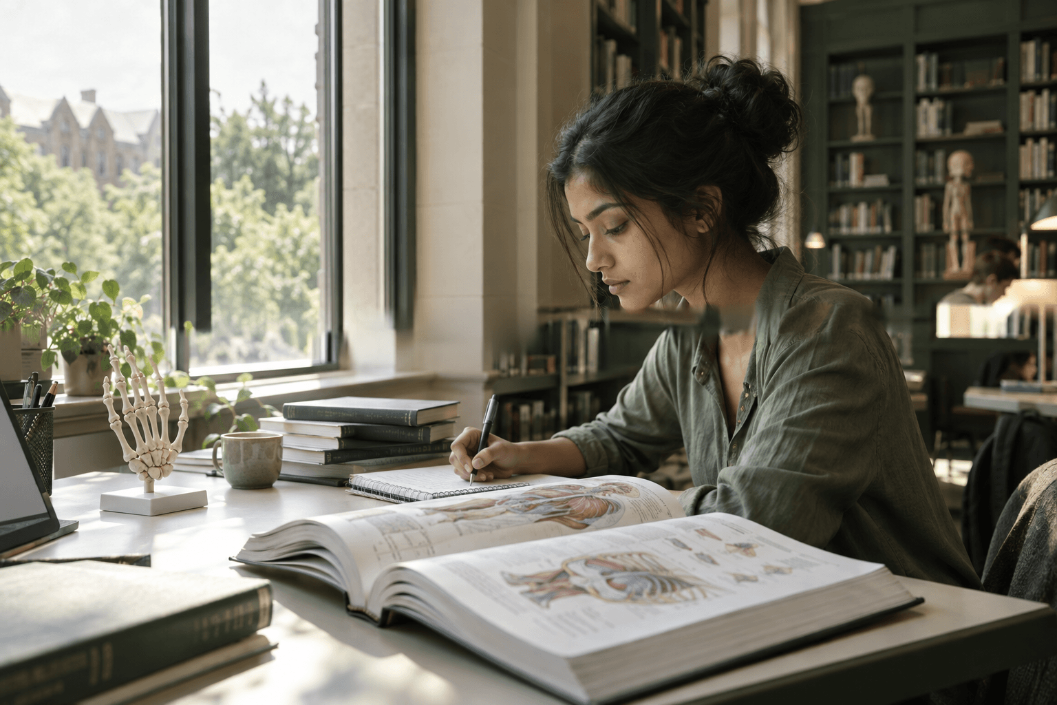 Illustrative scene of a medical student studying an anatomy textbook