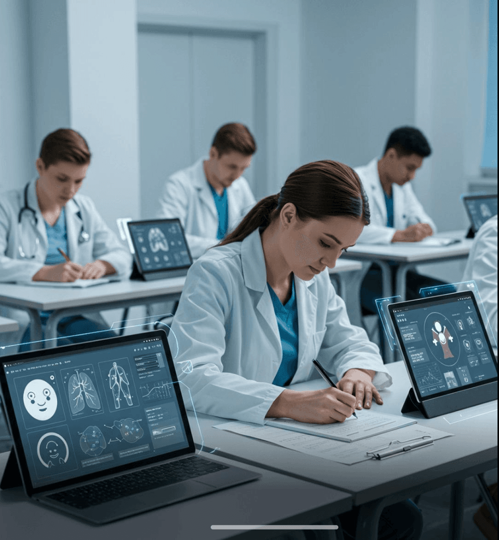 Illustrative scene of medical students practising together