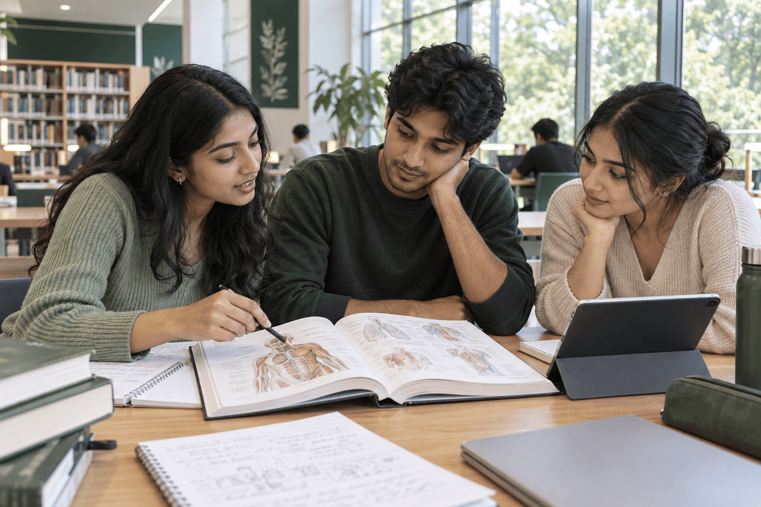 Illustrative scene of medical students discussing their study notes
